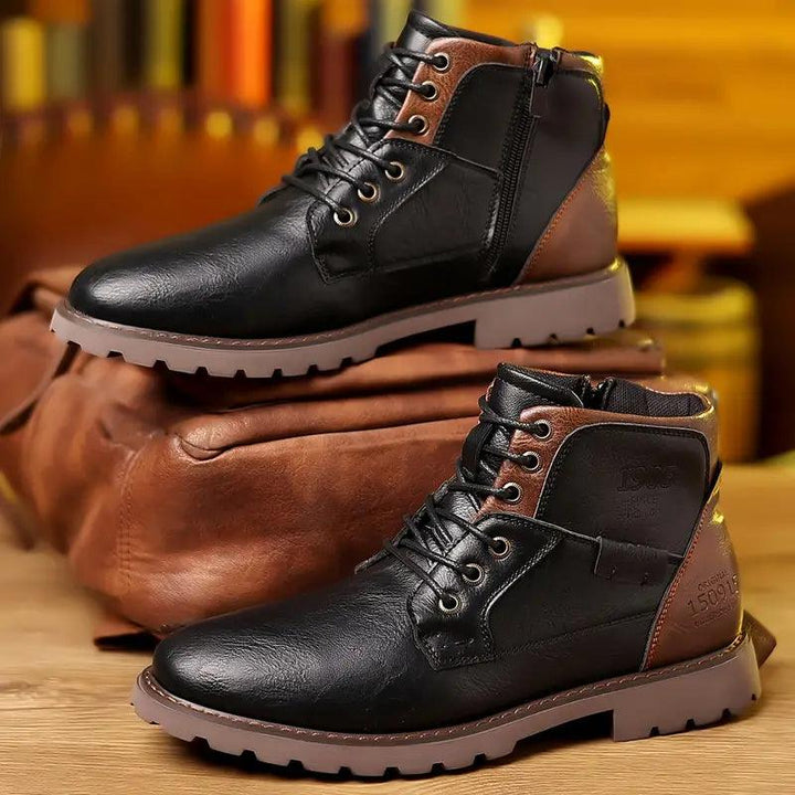 Men’s Leather Ankle Boots – Lace-Up with Zipper – Rugged Rubber Sole – Casual Durable Fit