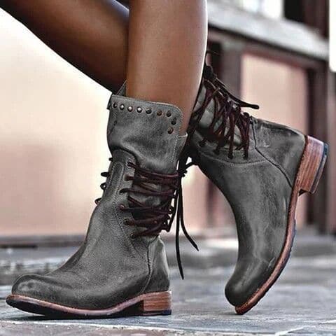 Women’s Mid-Calf Boots – Lace-Up Fit – Studded Detailing – Rugged Style
