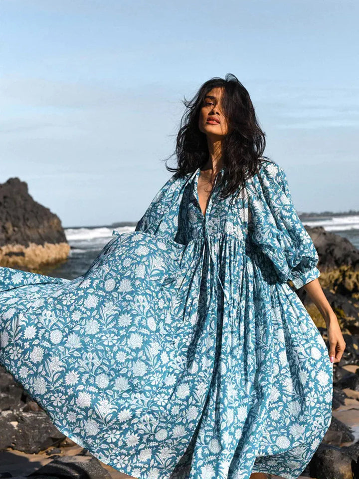 Women's Maxi Dress - V-Neck Tie Closure - Puff Sleeves - Flowing Boho Floral Design