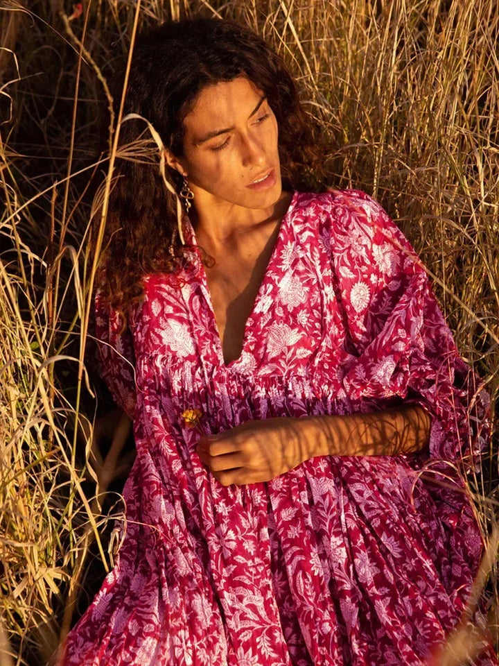 Women's Maxi Dress - V-Neck Tie Closure - Puff Sleeves - Flowing Boho Floral Design