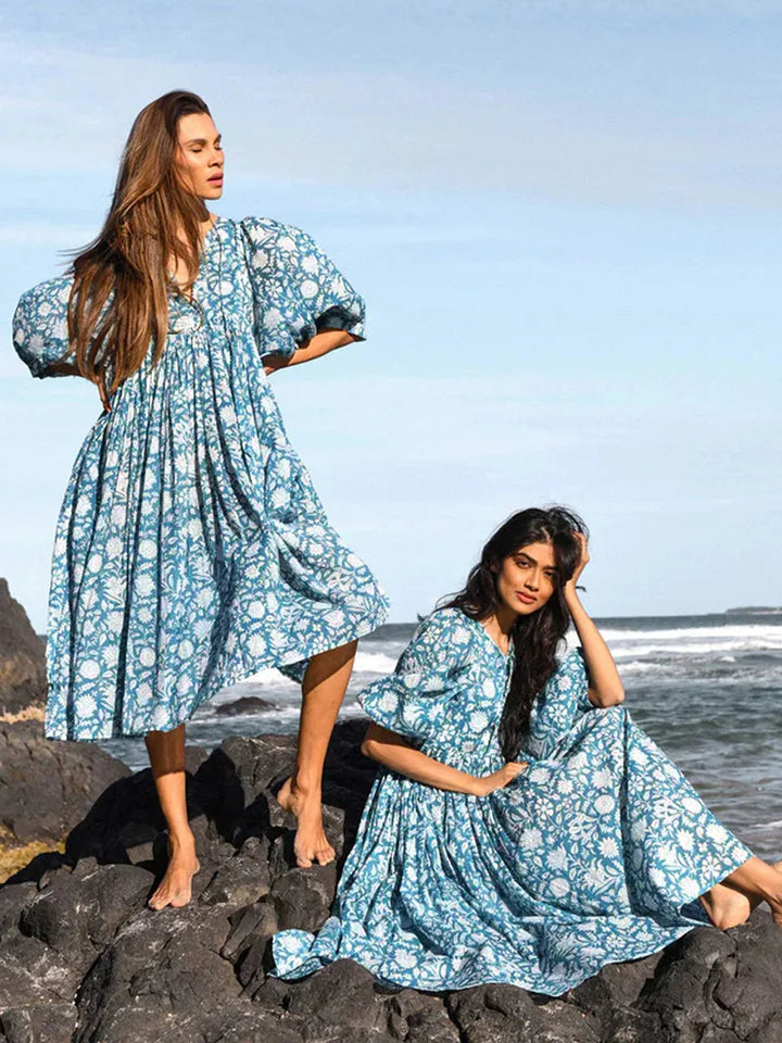 Women's Maxi Dress - V-Neck Tie Closure - Puff Sleeves - Flowing Boho Floral Design
