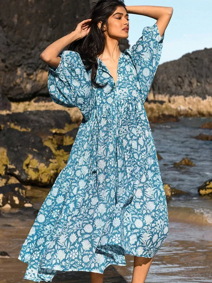Women's Maxi Dress - V-Neck Tie Closure - Puff Sleeves - Flowing Boho Floral Design