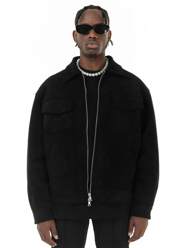 Men’s Jacket - Oversized Fit - Suede-Like Texture - Zip Front - Chest Flap Pockets