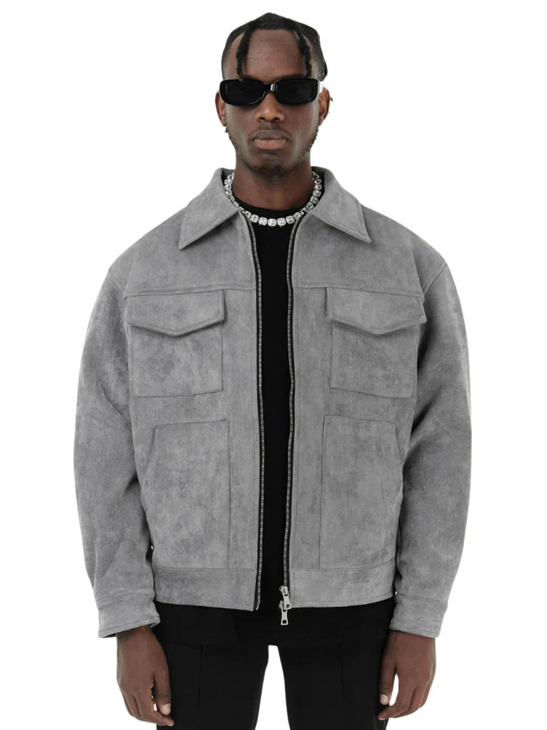 Men’s Jacket - Oversized Fit - Suede-Like Texture - Zip Front - Chest Flap Pockets