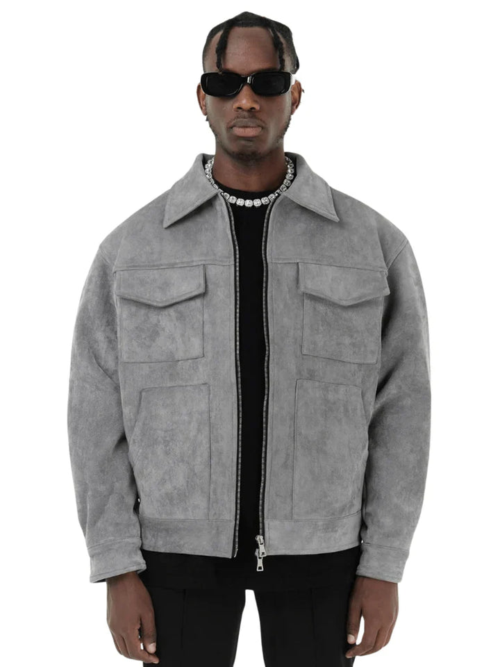 Men’s Jacket - Oversized Fit - Suede-Like Texture - Zip Front - Chest Flap Pockets
