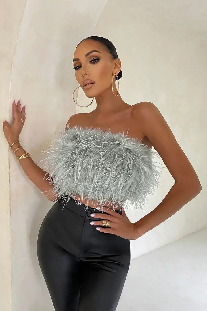 Women’s Strapless Top – Feather Texture – Fitted Silhouette – Cropped Party Style