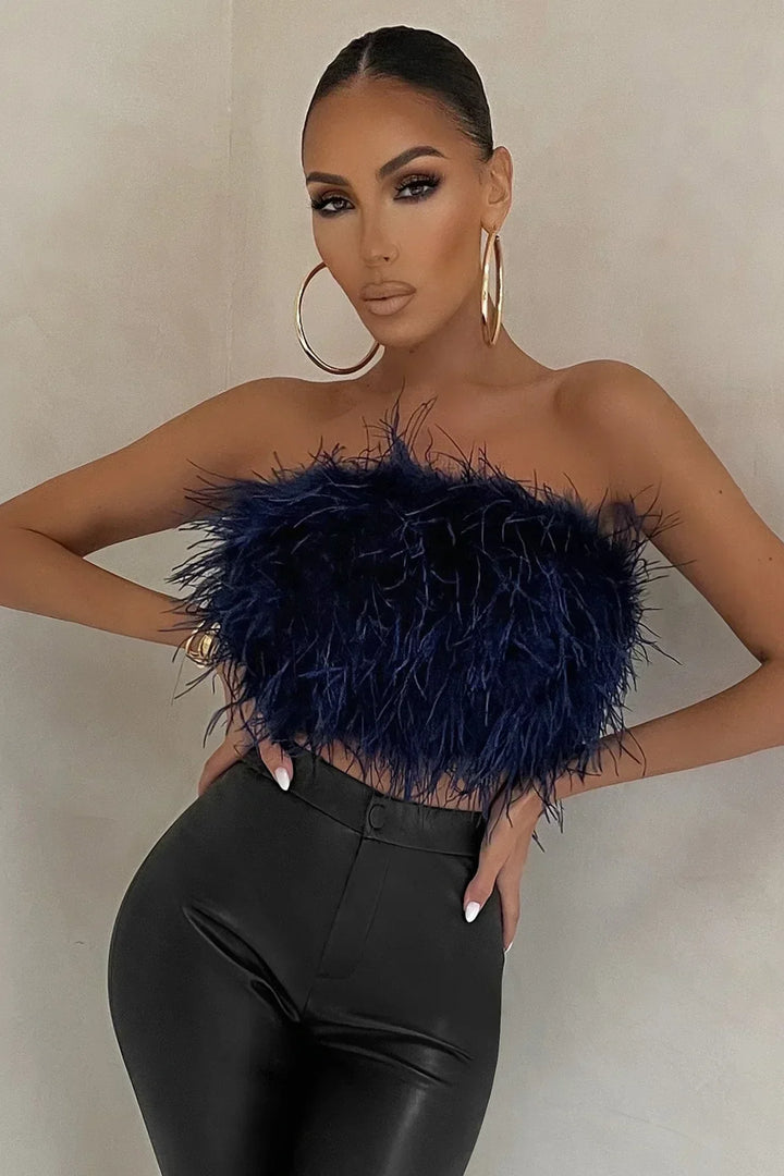 Women’s Strapless Top – Feather Texture – Fitted Silhouette – Cropped Party Style