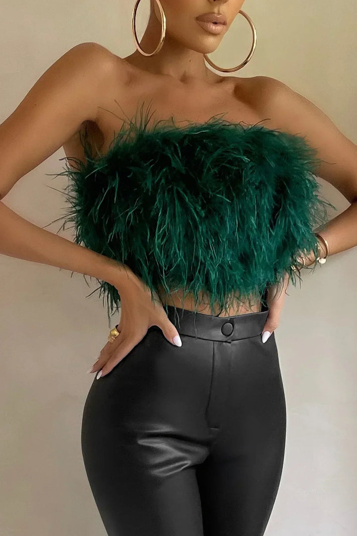 Women’s Strapless Top – Feather Texture – Fitted Silhouette – Cropped Party Style