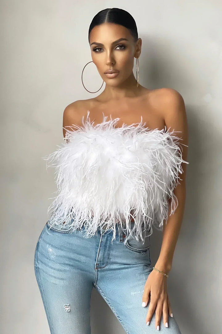 Women’s Strapless Top – Feather Texture – Fitted Silhouette – Cropped Party Style