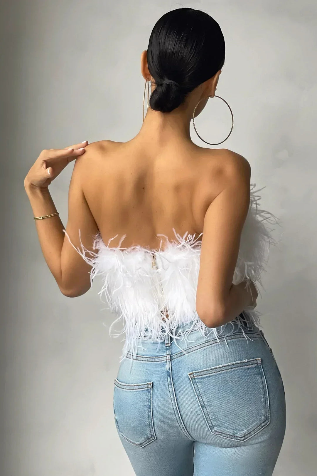 Women’s Strapless Top – Feather Texture – Fitted Silhouette – Cropped Party Style
