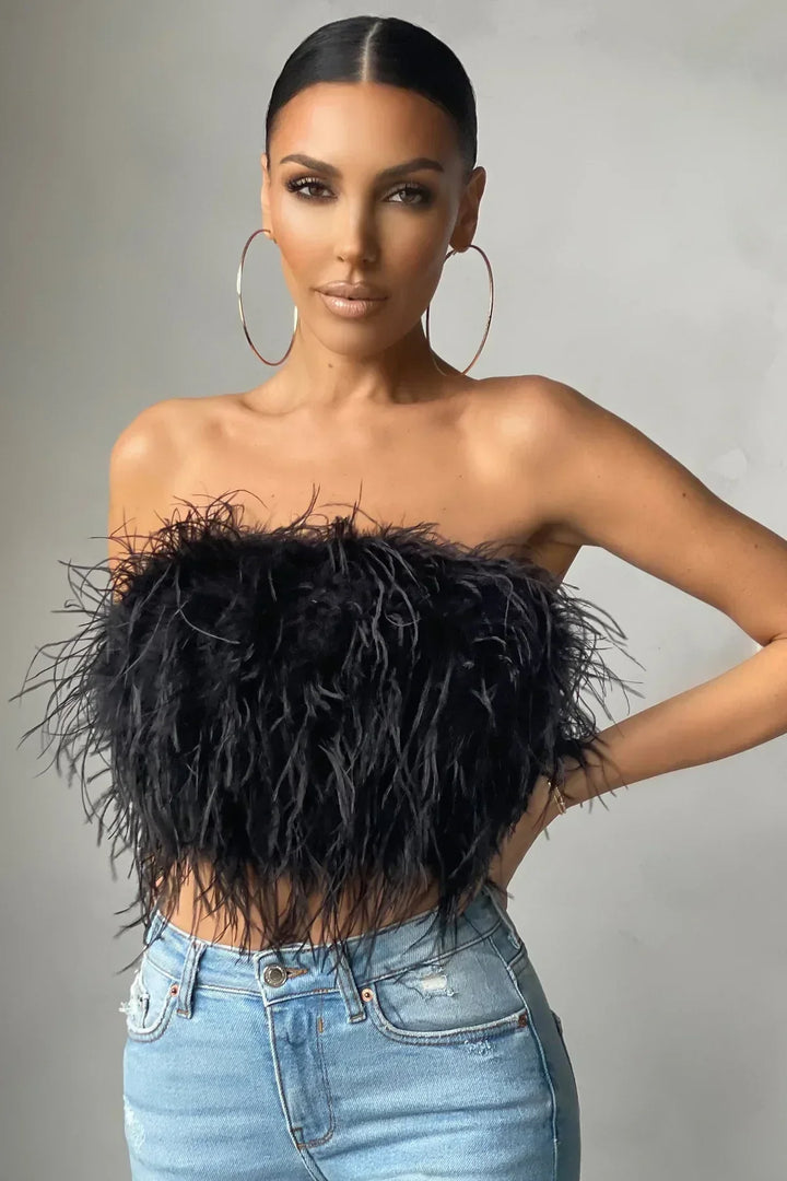 Women’s Strapless Top – Feather Texture – Fitted Silhouette – Cropped Party Style