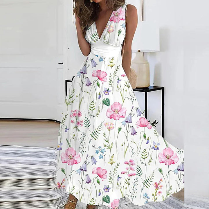 Women's Maxi Dress - V-Neck A-Line - Flowing Lightweight Fabric - Floral Pattern