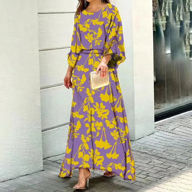 Women’s Maxi Dress – Flowing Fit – Rounded Neck – Wide Sleeves – Breathable Blend