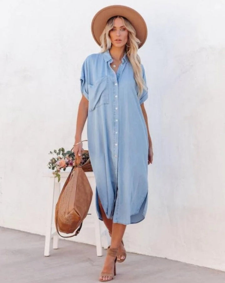 Women’s Shirt Dress – Relaxed Fit – Short Sleeve – Button Front – Breathable Blend