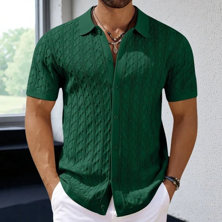 Men’s Polo Shirt - Slim Fit - Soft Jacquard Knit - Button Front - Retro Pattern