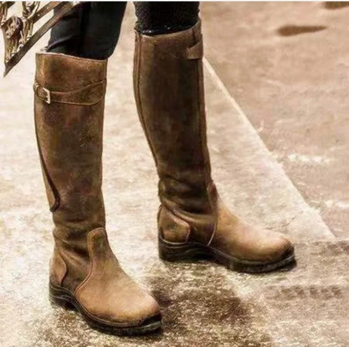 Women’s Knee-High Boots – Buckle Strap – Traction Sole