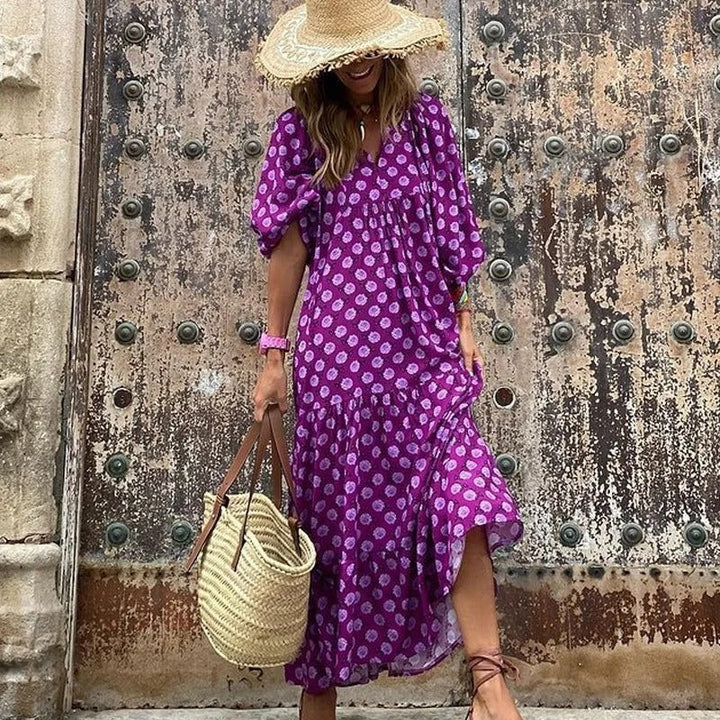 Women's Maxi Dress - Geometric Diamond Pattern - Half Sleeve - V-Neck Loose Fit