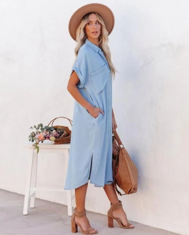 Women’s Shirt Dress – Relaxed Fit – Short Sleeve – Button Front – Breathable Blend