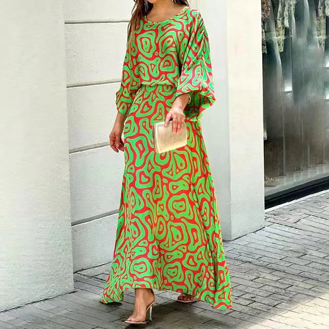 Women’s Maxi Dress – Flowing Fit – Rounded Neck – Wide Sleeves – Breathable Blend