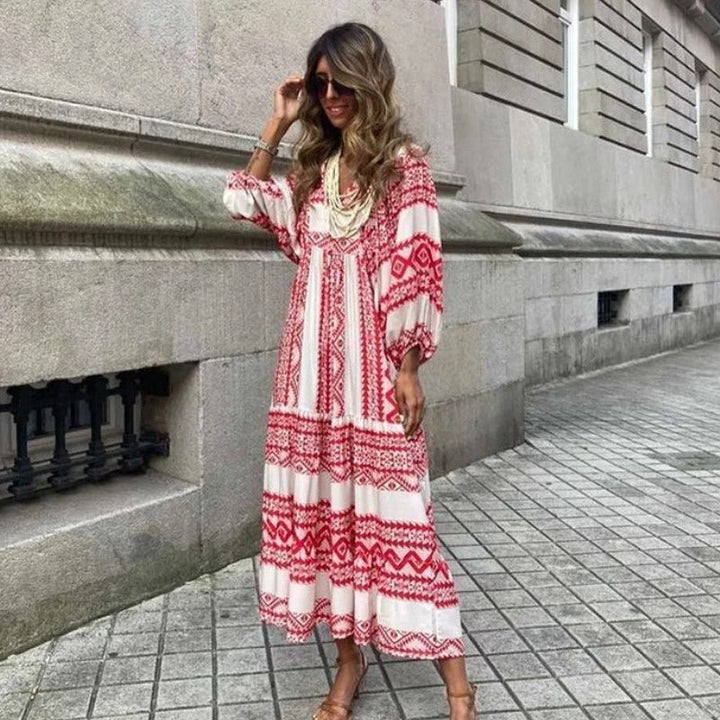 Women's Maxi Dress - Geometric Diamond Pattern - Half Sleeve - V-Neck Loose Fit