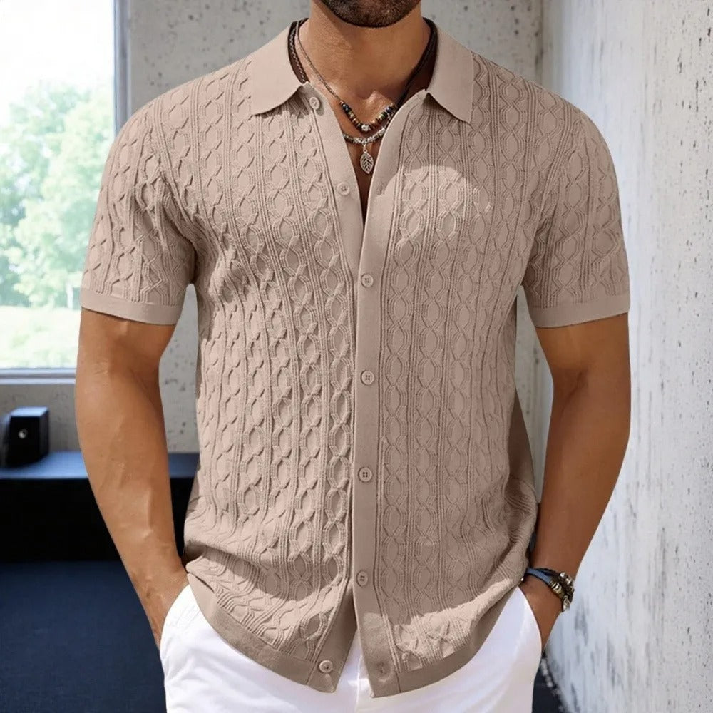 Men’s Polo Shirt - Slim Fit - Soft Jacquard Knit - Button Front - Retro Pattern