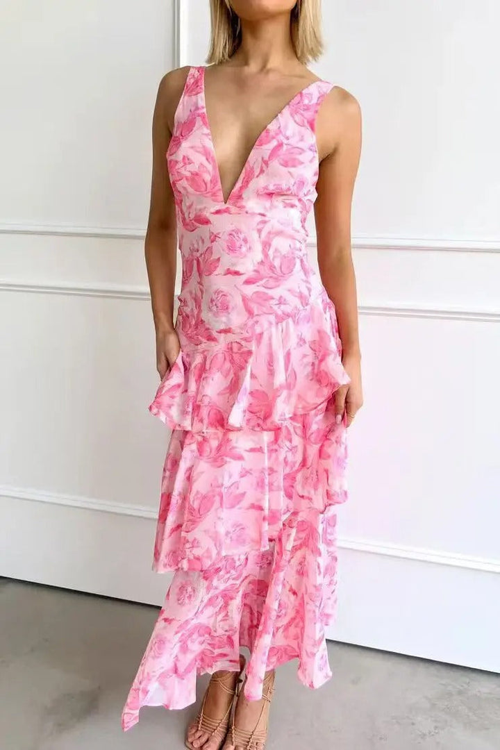 Women’s Maxi Dress – Slim Fit Bodice – Tiered Skirt – Deep V-Neck – Luxury Fabric