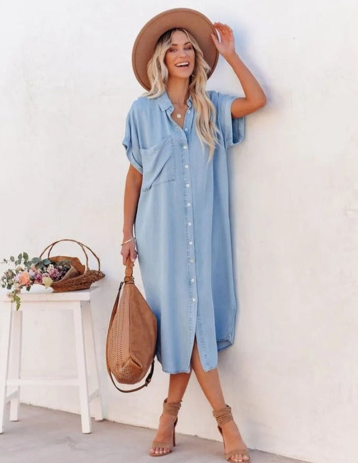 Women’s Shirt Dress – Relaxed Fit – Short Sleeve – Button Front – Breathable Blend