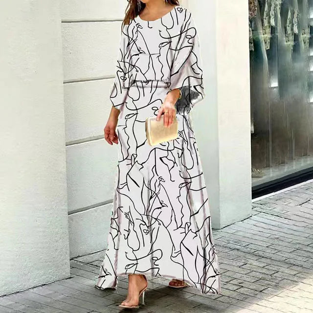 Women’s Maxi Dress – Flowing Fit – Rounded Neck – Wide Sleeves – Breathable Blend