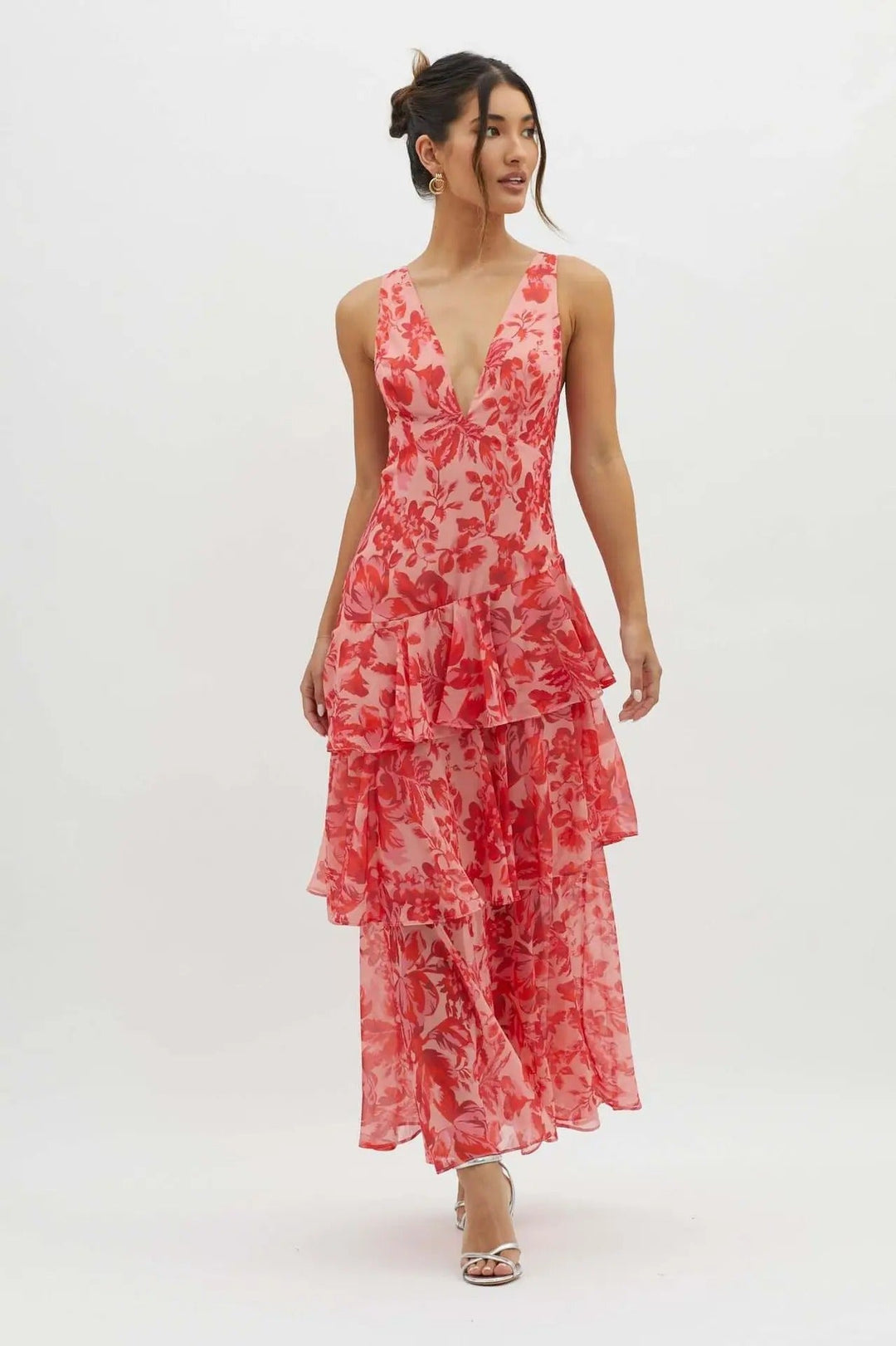 Women’s Maxi Dress – Slim Fit Bodice – Tiered Skirt – Deep V-Neck – Luxury Fabric