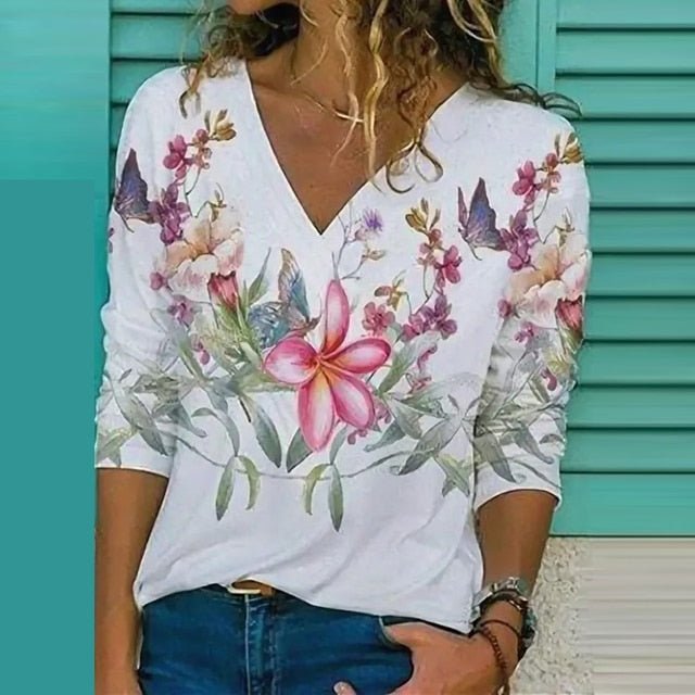 Women’s V-Neck Blouse – Loose Fit – Breathable Blend – Abstract Floral Print