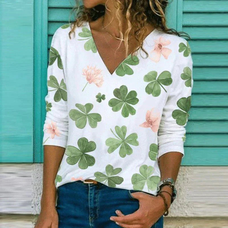 Women’s V-Neck Blouse – Loose Fit – Breathable Blend – Abstract Floral Print