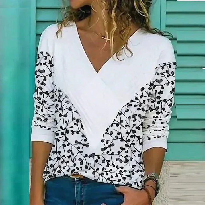 Women’s V-Neck Blouse – Loose Fit – Breathable Blend – Abstract Floral Print