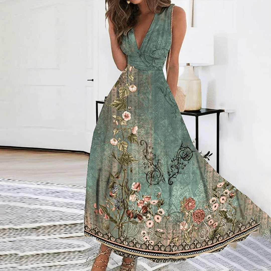 Women's Maxi Dress - Sleeveless Deep V-Neck - A-Line Silhouette - Floral Print