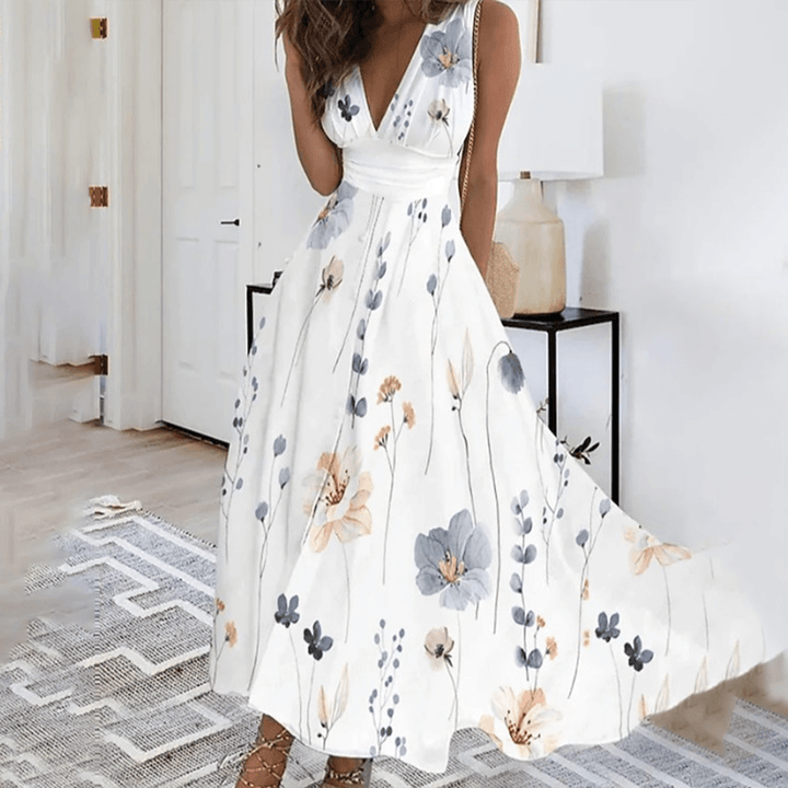 Women's Maxi Dress - Sleeveless Deep V-Neck - A-Line Silhouette - Floral Print