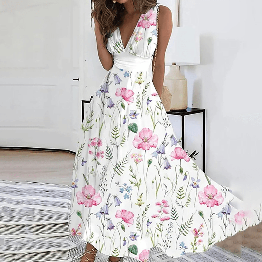 Women's Maxi Dress - Sleeveless Deep V-Neck - A-Line Silhouette - Floral Print