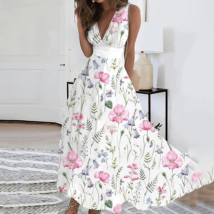 Women's Maxi Dress - Sleeveless Deep V-Neck - A-Line Silhouette - Floral Print