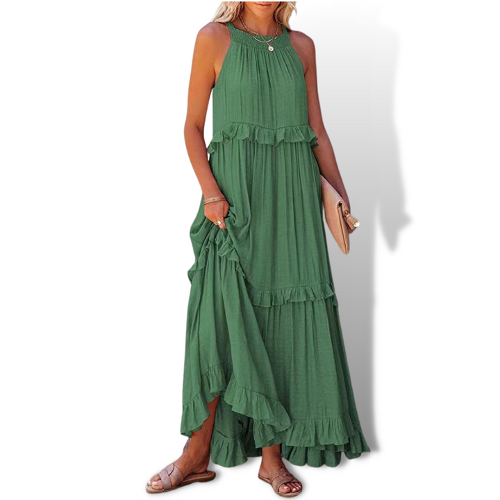 Women’s Maxi Dress – Flowing Fit – Halter Neck – Tiered Skirt – Natural Fibers