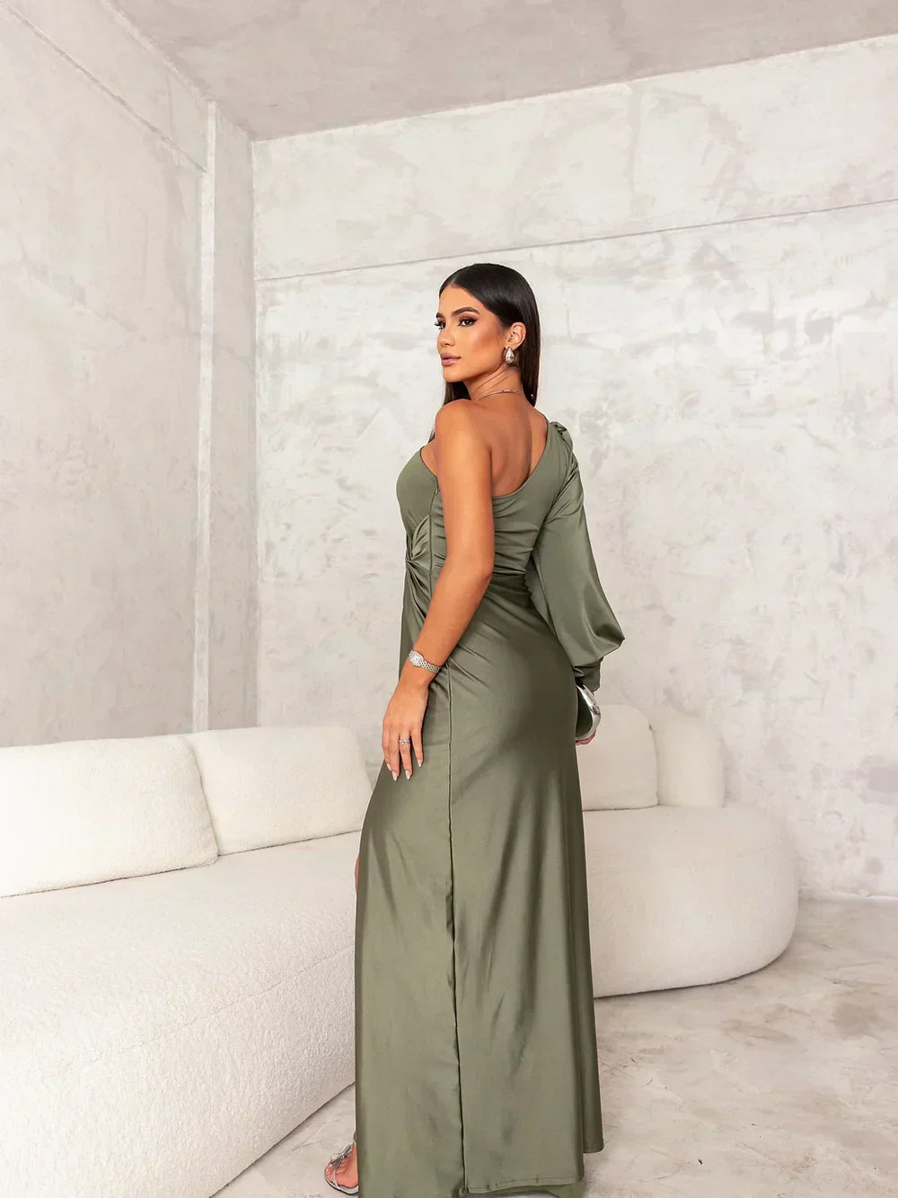 Women's Evening Gown - One-Shoulder Long Sleeve - Floor-Length Satin - Side Slit Elegant