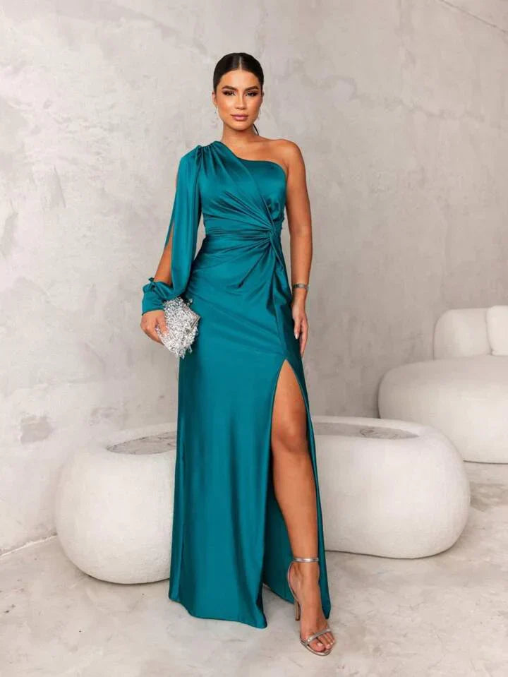 Women's Evening Gown - One-Shoulder Long Sleeve - Floor-Length Satin - Side Slit Elegant