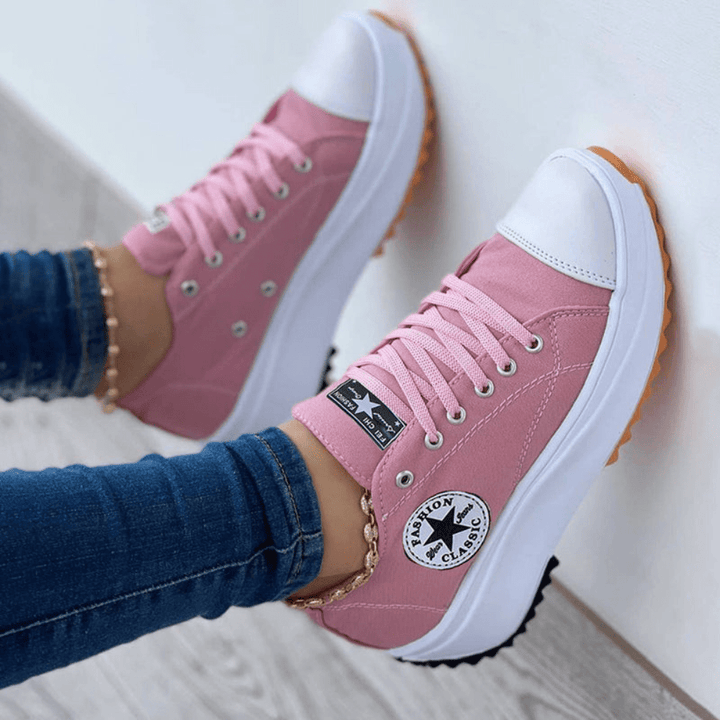 Women's Canvas Sneakers - Platform Sole - Rubber Toe Cap - Casual Lace-Up Design