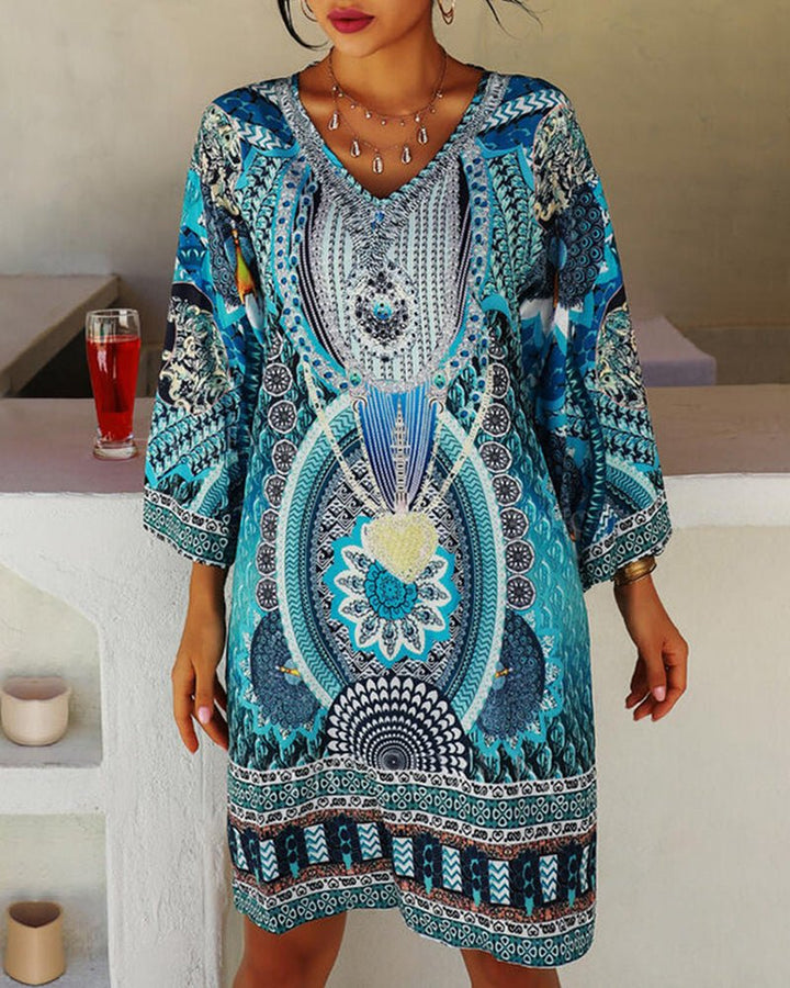 Women's Tunic Dress - Boho Print - V-Neck - Long Sleeve - Relaxed Fit Casual Wear