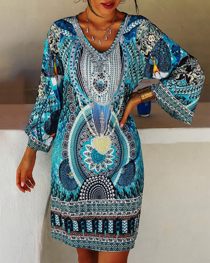 Women's Tunic Dress - Boho Print - V-Neck - Long Sleeve - Relaxed Fit Casual Wear