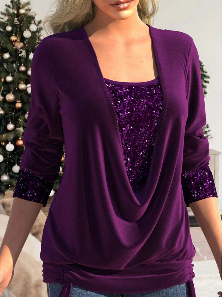 Women's Long-Sleeve Top - Layered Cowl Neck - Sequin Detail - Draped Lightweight Design