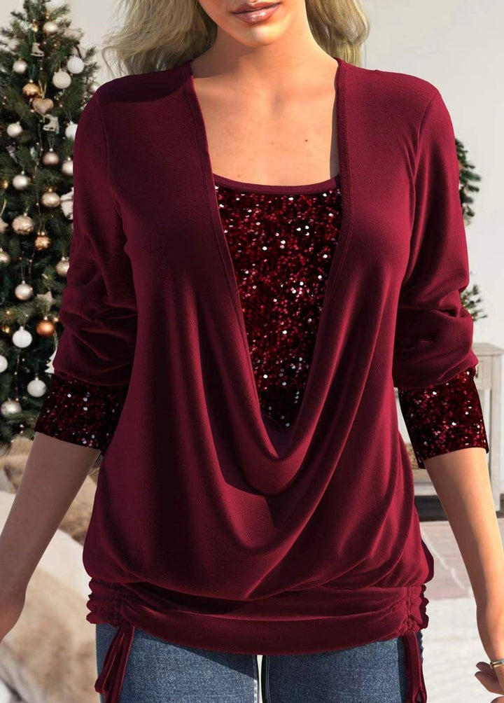 Women's Long-Sleeve Top - Layered Cowl Neck - Sequin Detail - Draped Lightweight Design