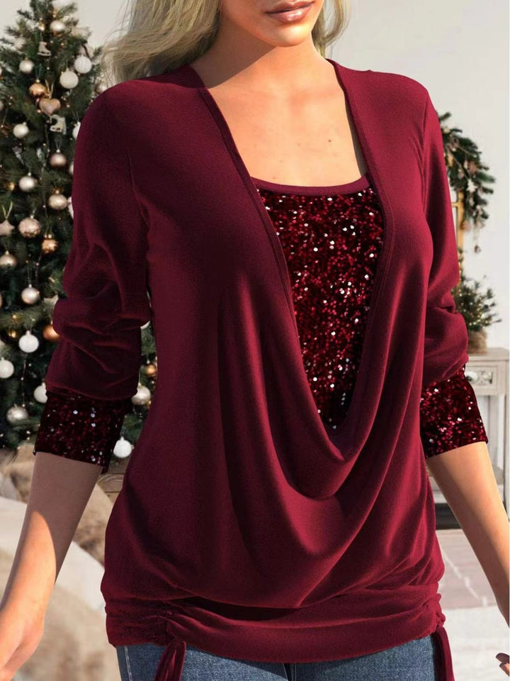 Women's Long-Sleeve Top - Layered Cowl Neck - Sequin Detail - Draped Lightweight Design