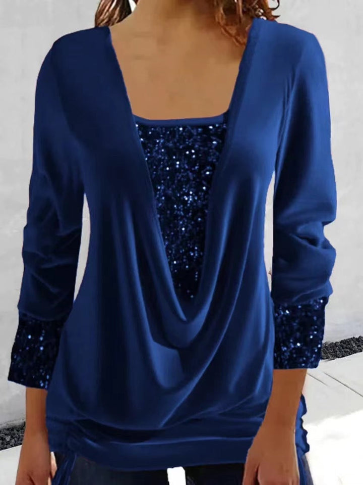 Women's Long-Sleeve Top - Layered Cowl Neck - Sequin Detail - Draped Lightweight Design
