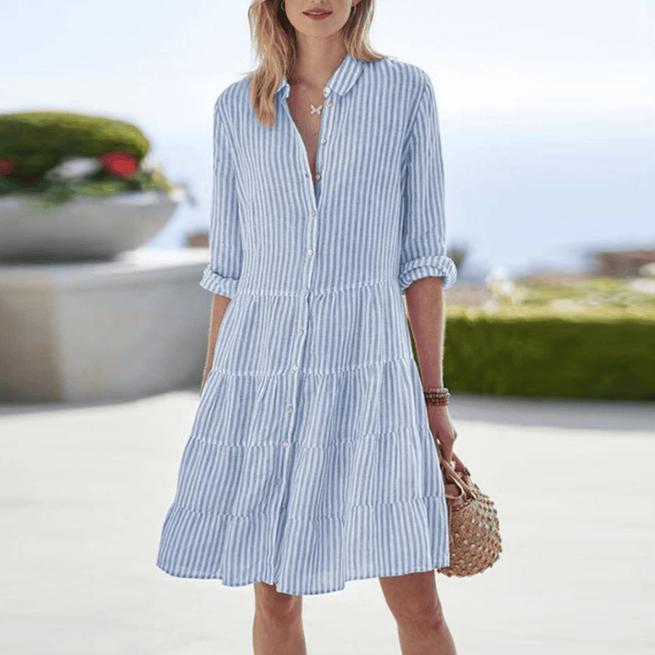 Women's Button-Up Dress - Relaxed Fit - Long Sleeve Tiered Design - Lightweight Fabric