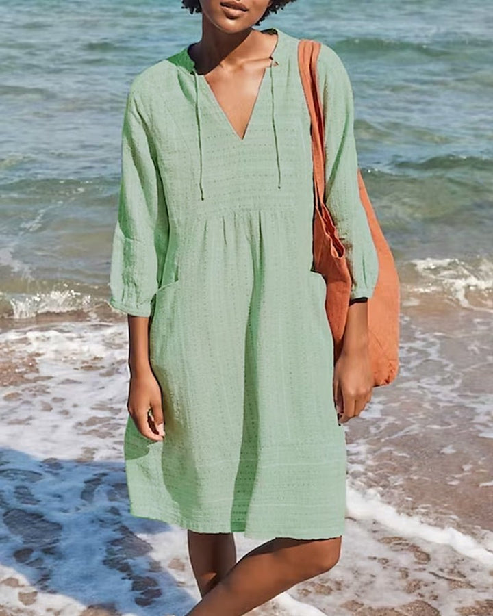 Women's Beach Dress - V-Neck - Three-Quarter Sleeve - Lightweight Breathable Fabric