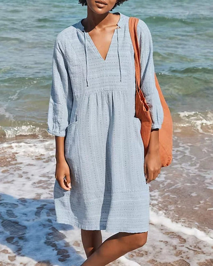 Women's Beach Dress - V-Neck - Three-Quarter Sleeve - Lightweight Breathable Fabric