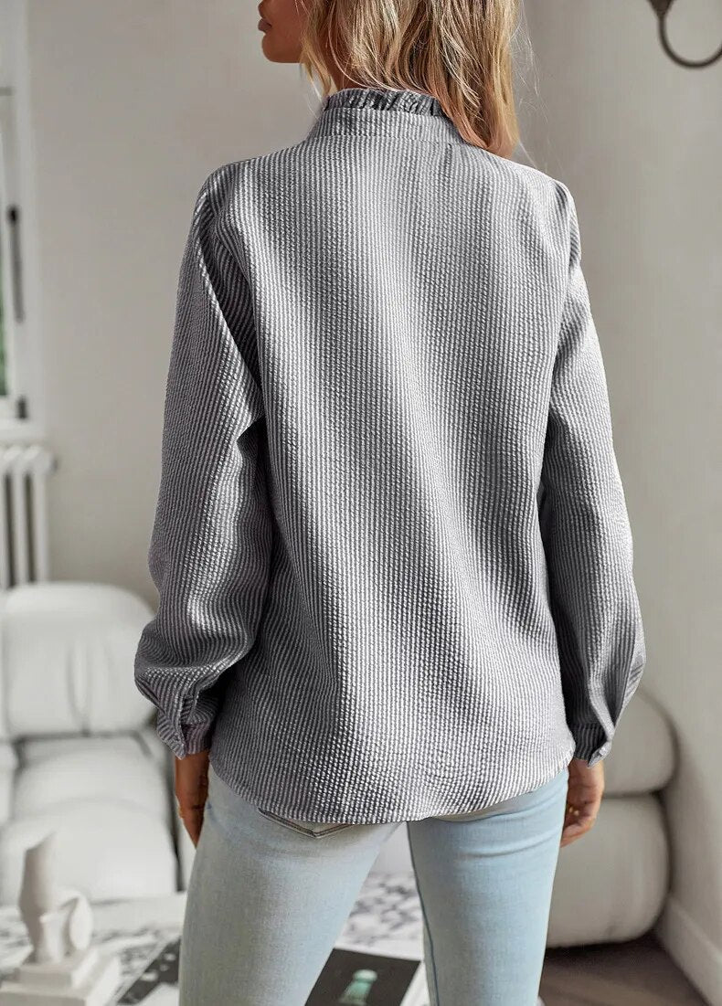 Women's Blouse - Textured Fabric - Ruffled Neckline - Button-Down - Long Sleeve Elegant